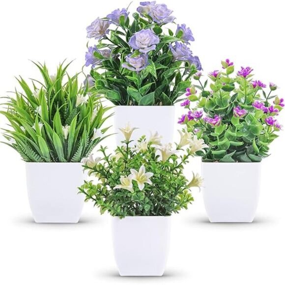 Small Fake Potted Plants Set of 4 Mini Artificial Flowers Indoor Home Decor - Picture 7 of 7